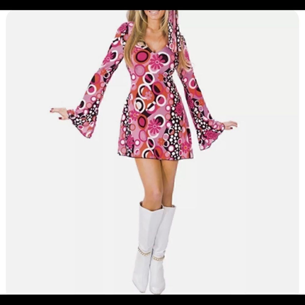Leg Avenue Vintage Retro Small- Medium Petite Form Fitting Mini Hippie Dress!!